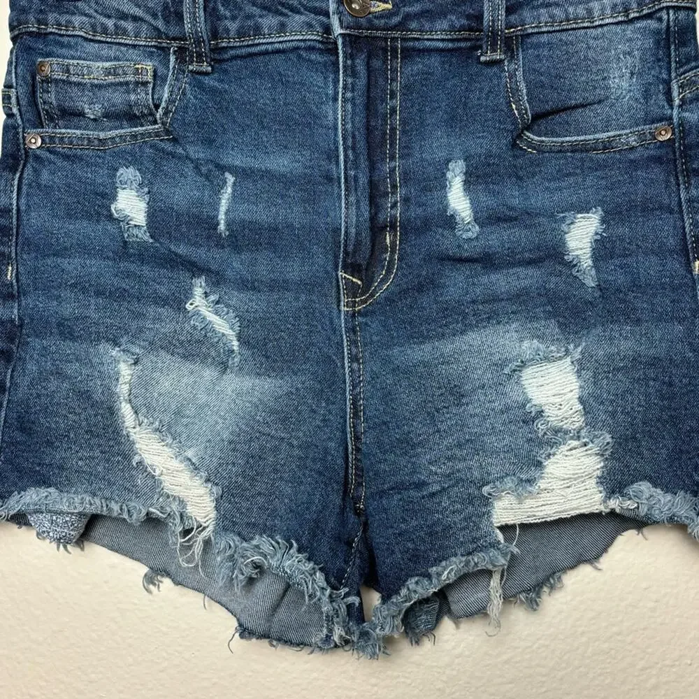 ARIYA Shorts Women's 11/30 Curvy High Rise Distressed Cut Offs Med Blue